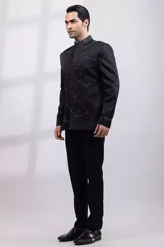 Black embroidered linen satin bandhgala and pant