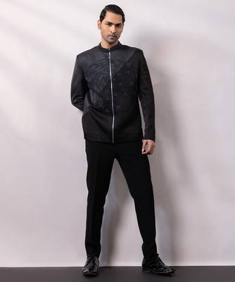 Black embroidered linen satin bomber jacket and pant 1