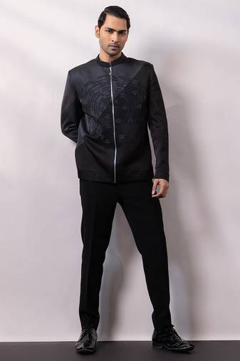 Black embroidered linen satin bomber jacket and pant