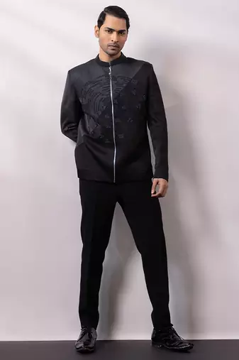 Black embroidered linen satin bomber jacket and pant