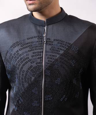 Black embroidered linen satin bomber jacket and pant 2