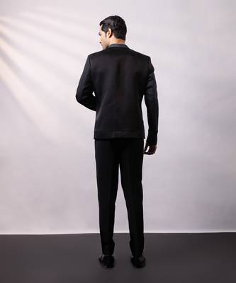 Black embroidered linen satin bomber jacket and pant 3