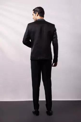 Black embroidered linen satin bomber jacket and pant