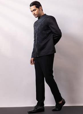 Black embroidered linen satin bomber jacket and pant 4
