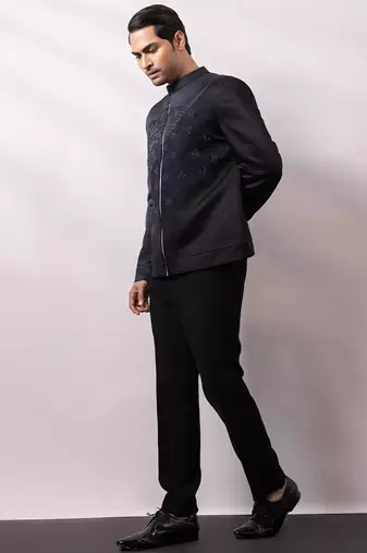 Black embroidered linen satin bomber jacket and pant