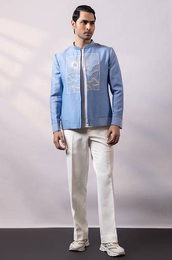 Powder blue embroidered linen satin bomber jacket and pant