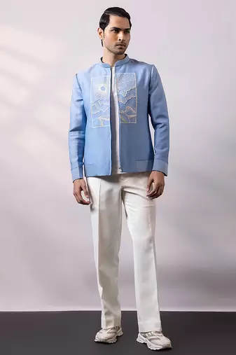 Powder blue embroidered linen satin bomber jacket and pant