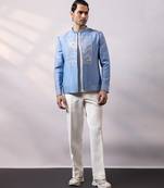 Powder blue embroidered linen satin bomber jacket and pant