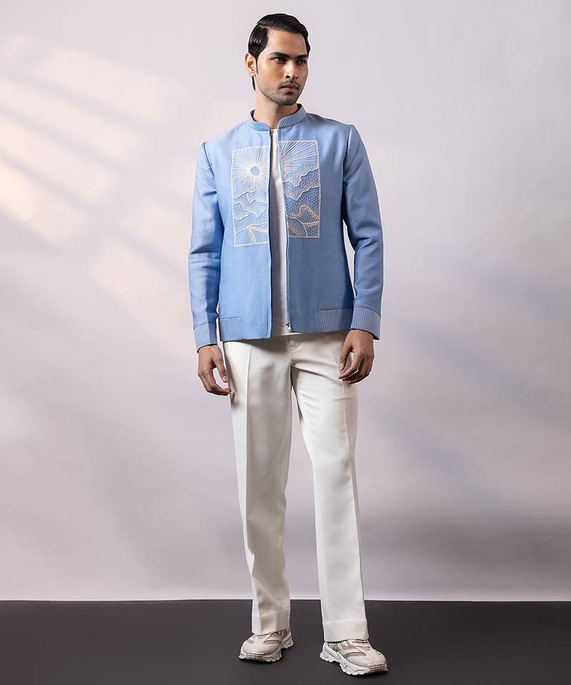 Powder blue embroidered linen satin bomber jacket and pant