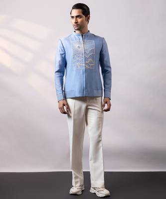 Powder blue embroidered linen satin bomber jacket and pant 2