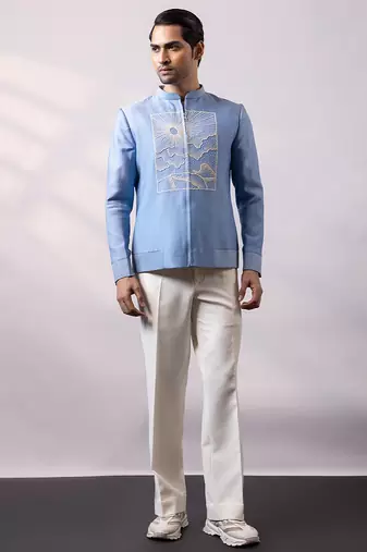 Powder blue embroidered linen satin bomber jacket and pant