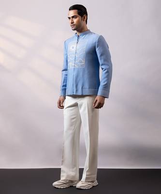Powder blue embroidered linen satin bomber jacket and pant 3