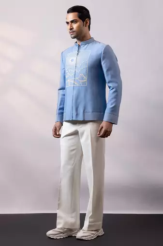 Powder blue embroidered linen satin bomber jacket and pant