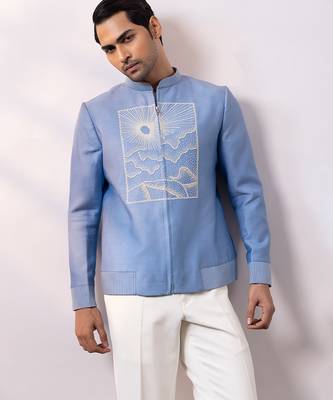 Powder blue embroidered linen satin bomber jacket and pant 4