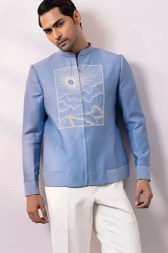 Powder blue embroidered linen satin bomber jacket and pant