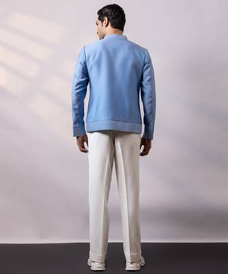 Powder blue embroidered linen satin bomber jacket and pant 5