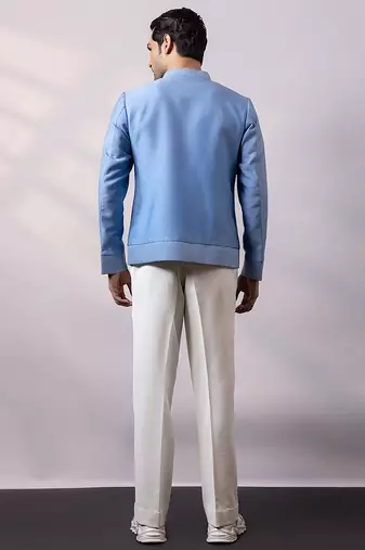 Powder blue embroidered linen satin bomber jacket and pant