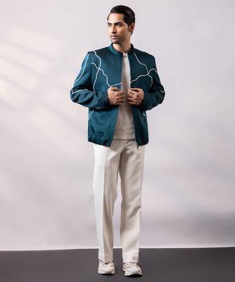 Teal blue embroidered linen satin bomber jacket and pant 1