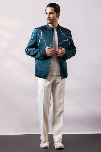 Teal blue embroidered linen satin bomber jacket and pant