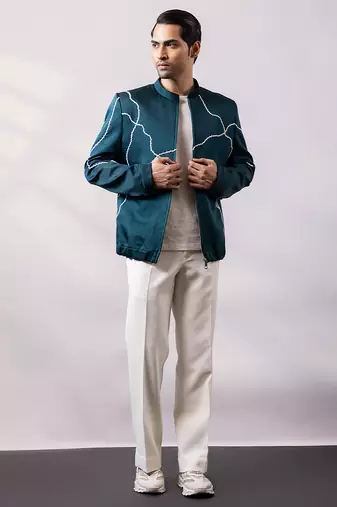 Teal blue embroidered linen satin bomber jacket and pant