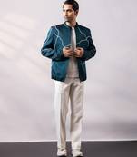 Teal blue embroidered linen satin bomber jacket and pant