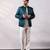 Teal blue embroidered linen satin bomber jacket and pant