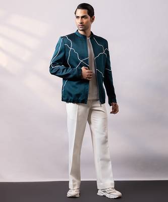 Teal blue embroidered linen satin bomber jacket and pant 2
