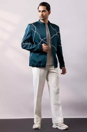 Teal blue embroidered linen satin bomber jacket and pant