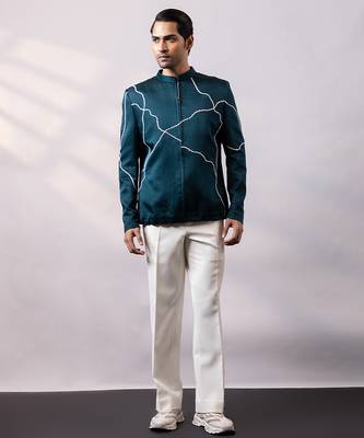 Teal blue embroidered linen satin bomber jacket and pant 3