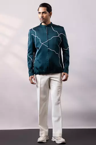 Teal blue embroidered linen satin bomber jacket and pant