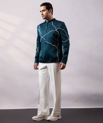 Teal blue embroidered linen satin bomber jacket and pant 4