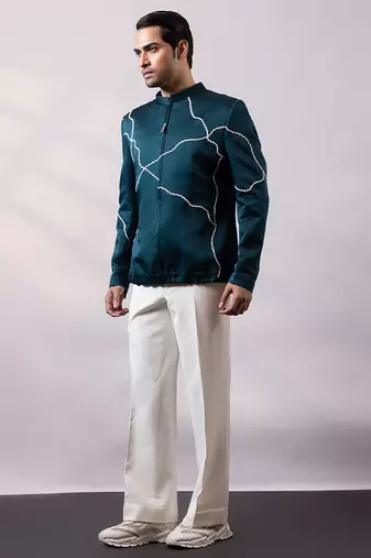 Teal blue embroidered linen satin bomber jacket and pant