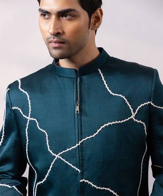 Teal blue embroidered linen satin bomber jacket and pant 5