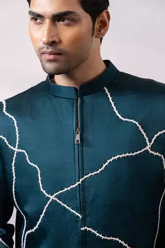 Teal blue embroidered linen satin bomber jacket and pant