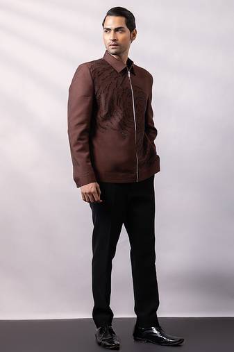 Brown embroidered linen satin bomber jacket and pant