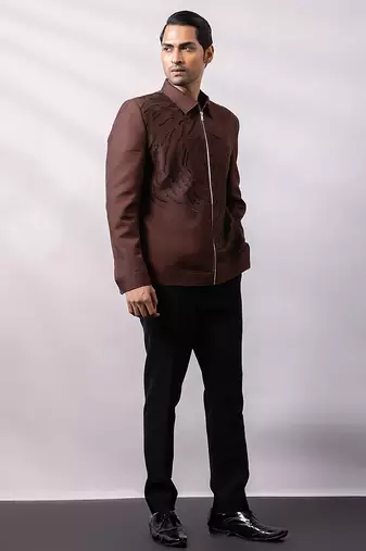Brown embroidered linen satin bomber jacket and pant