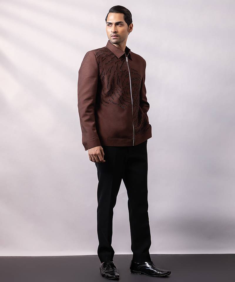 Brown embroidered linen satin bomber jacket and pant