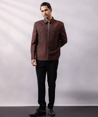 Brown embroidered linen satin bomber jacket and pant 2