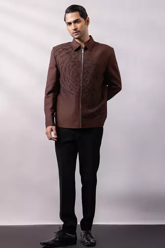 Brown embroidered linen satin bomber jacket and pant