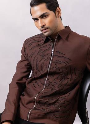Brown embroidered linen satin bomber jacket and pant 3