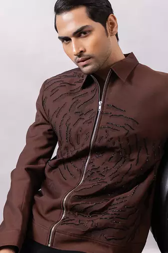 Brown embroidered linen satin bomber jacket and pant