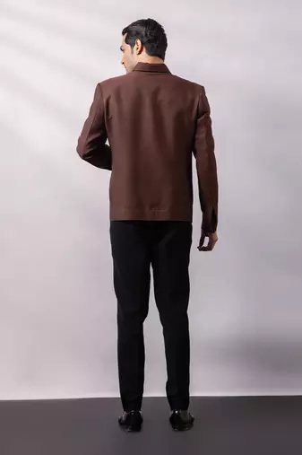 Brown embroidered linen satin bomber jacket and pant
