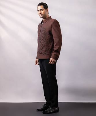 Brown embroidered linen satin bomber jacket and pant 5