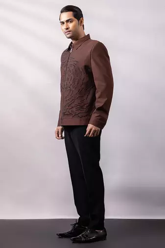Brown embroidered linen satin bomber jacket and pant