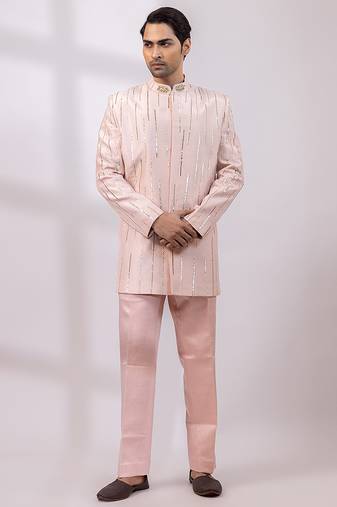 Blush pink embroidered linen satin bandhgala and pant