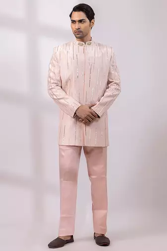 Blush pink embroidered linen satin bandhgala and pant