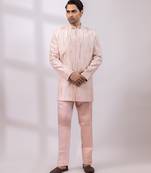 Blush pink embroidered linen satin bandhgala and pant