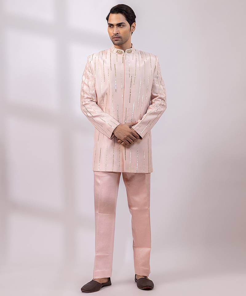 Blush pink embroidered linen satin bandhgala and pant