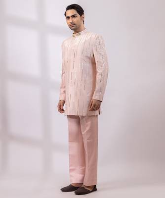Blush pink embroidered linen satin bandhgala and pant 2