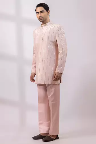 Blush pink embroidered linen satin bandhgala and pant